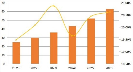 2021-2026年中东和非洲合成数据软件销售收入预测(百万美元) 2021-2026年中东和非洲合成数据软件销售收入预测(百万美元)