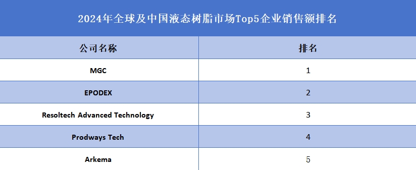 2024年全球及中国液态树脂市场Top5企业销售额排名